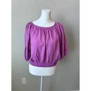 2 Hering Viscose Smocked Waist Puff Sleeve Peasant Boho Cropped Blouse Top Large